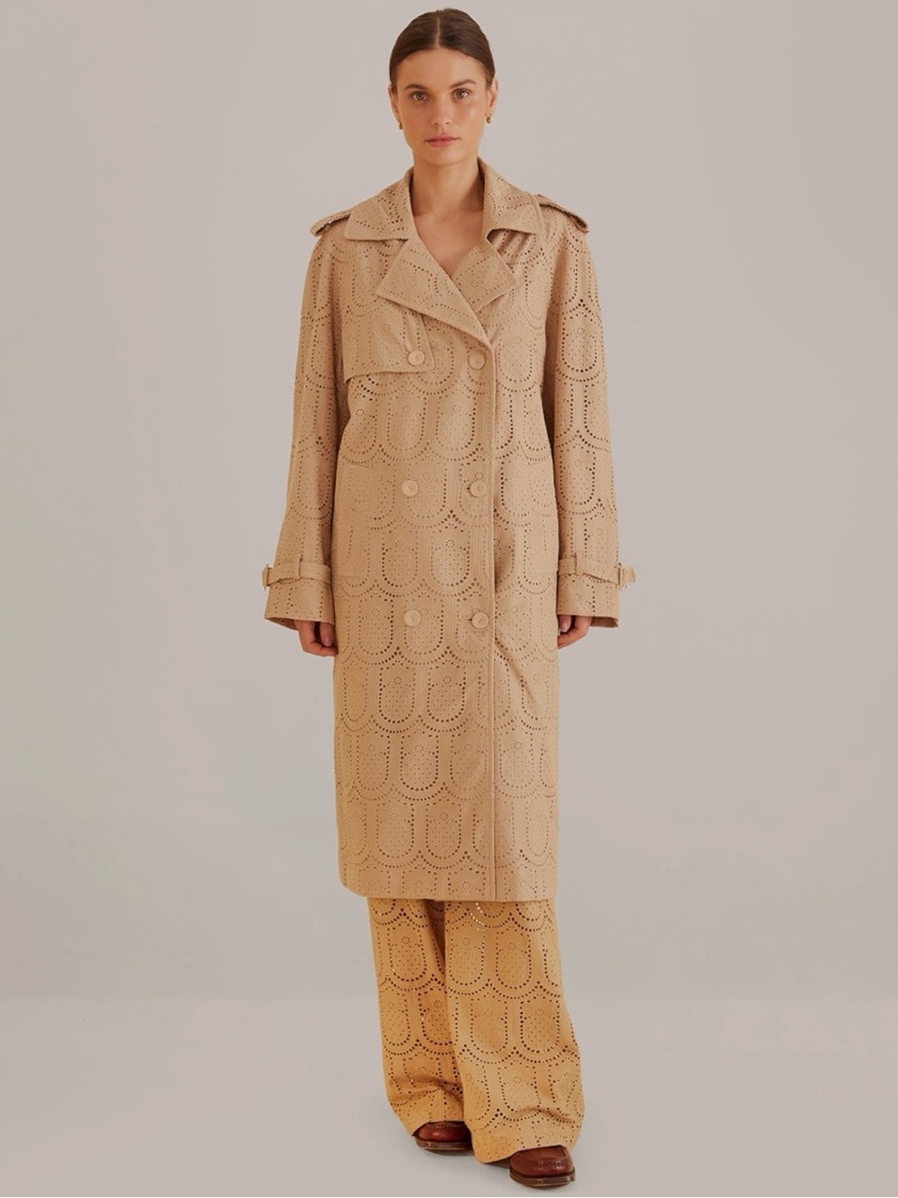 Farm Rio Khaki Pineapple Cotton Eyelet Trench Coat Size Large Neutral Bohemian